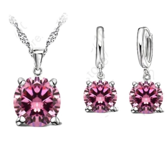💎 NEW ❤️ Epiral Bundle Elegant 925 Sterling Silver Earrings And Necklace Pink